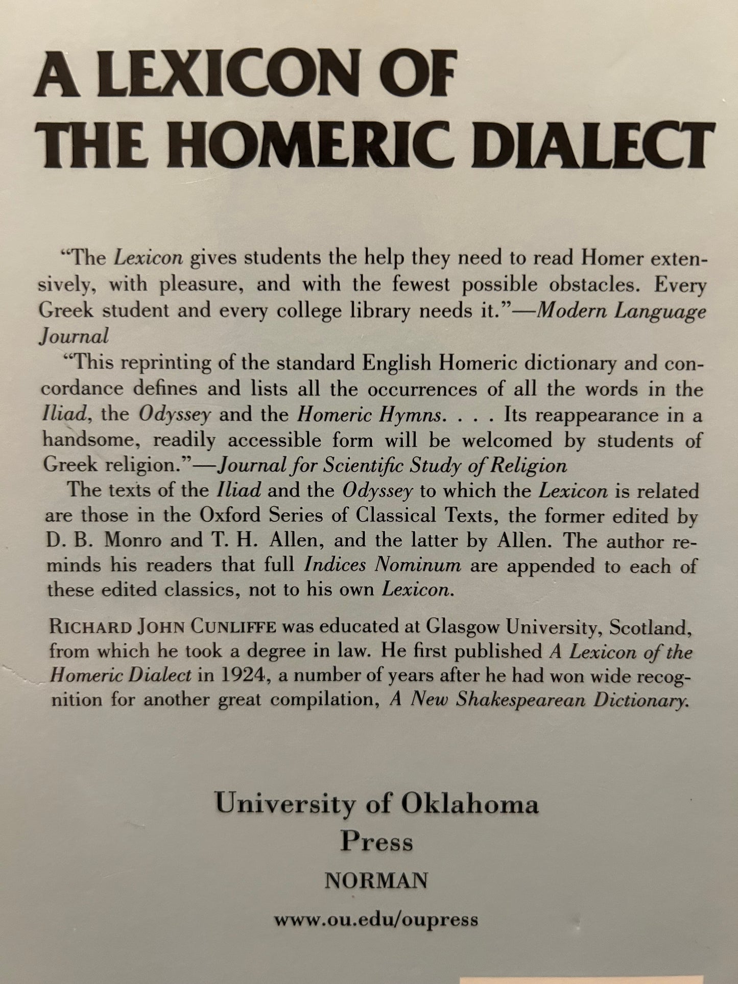 A Lexicon of Homeric Dialect - Richard John Cunliffe