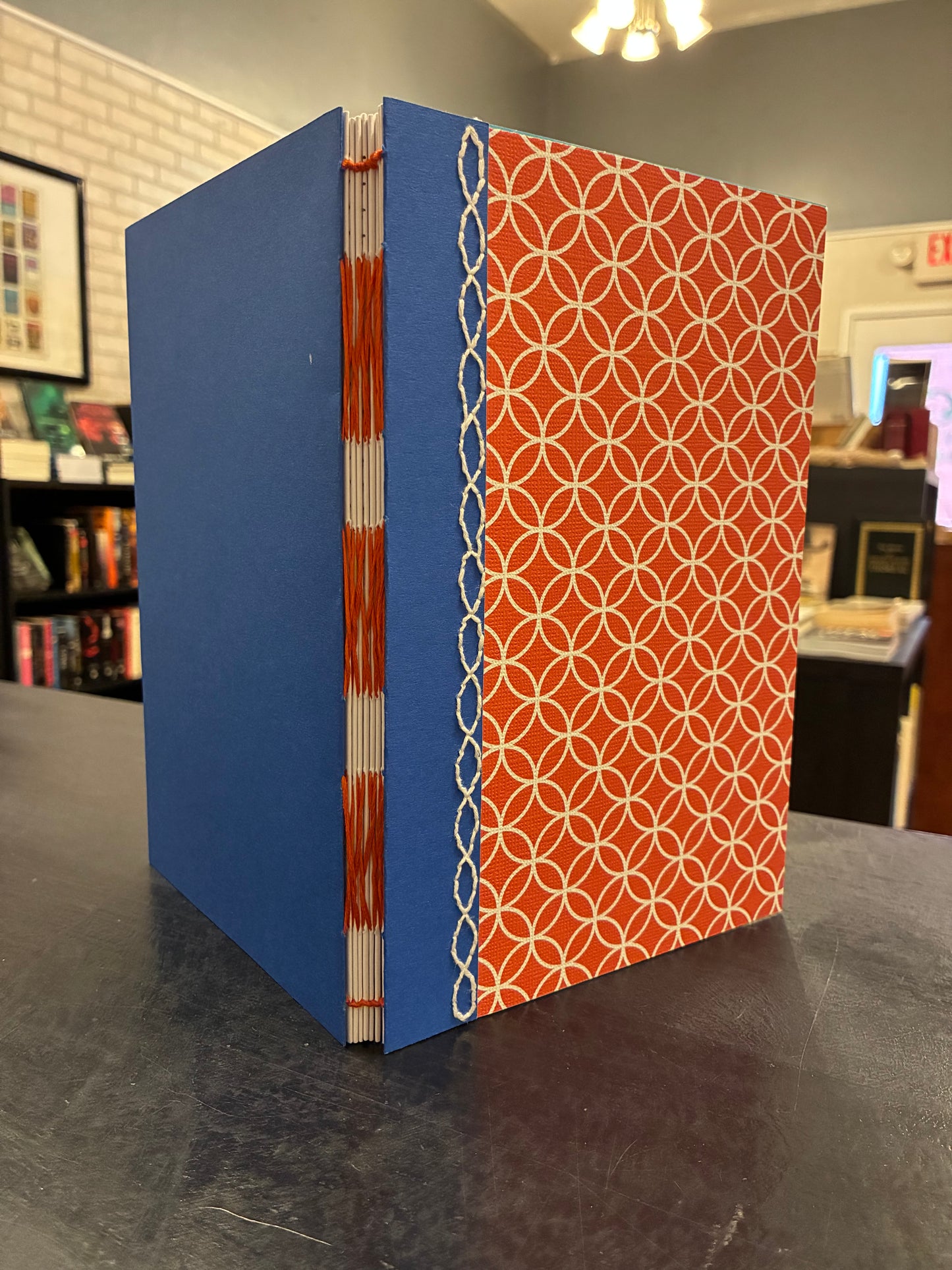 Carmen's 5X8  Orange circles and Blue lines and dot Notebook
