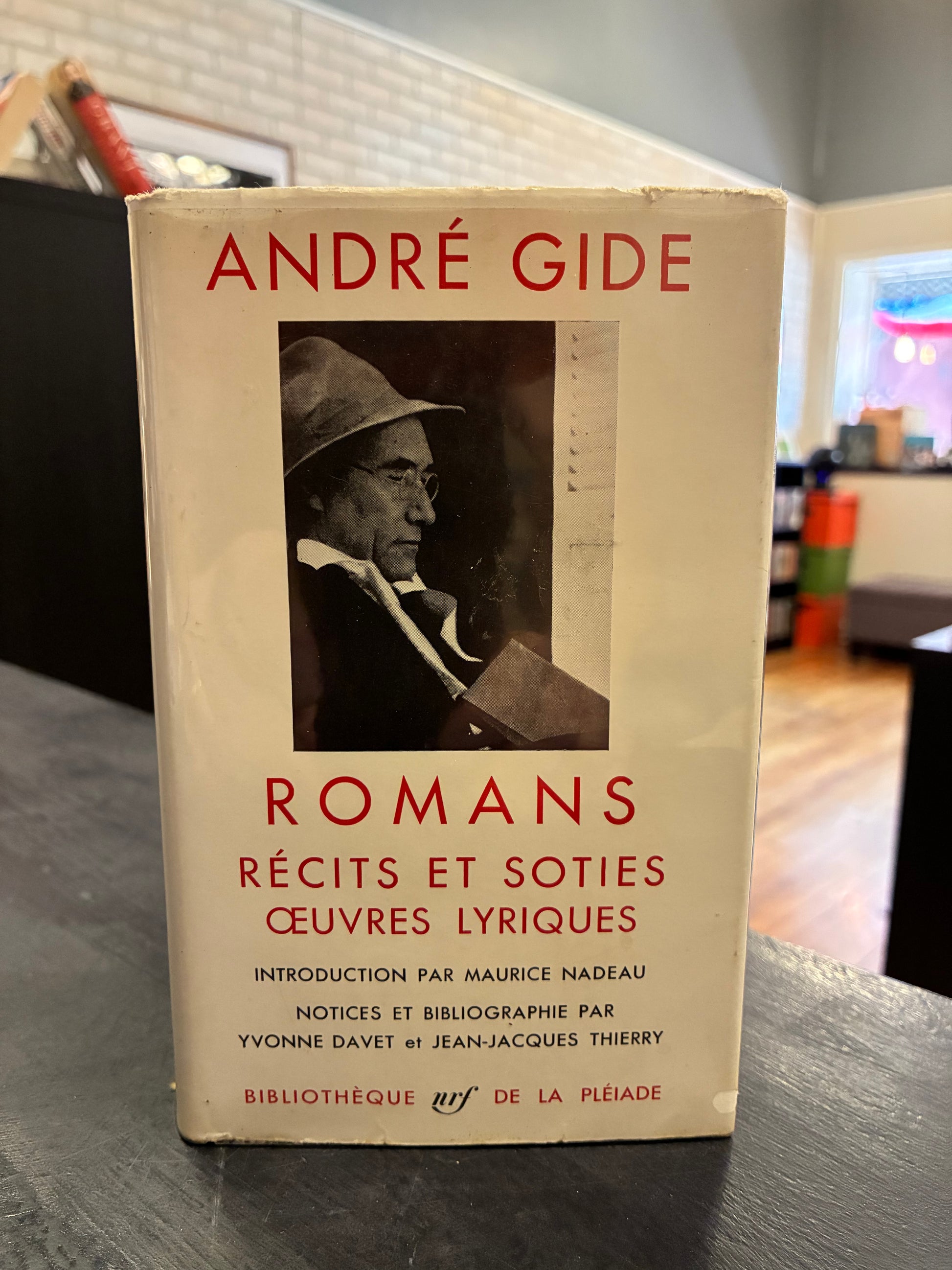 A book titled 'Romans Récits et Soties' by André Gide, published by Éditions de la Pluie, shown on a dark tabletop with a blurred background.